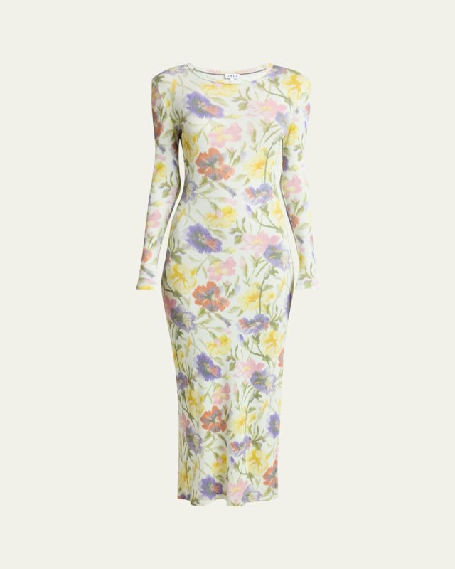 Floral Printed Mesh Tube Long Sleeve Midi Dress